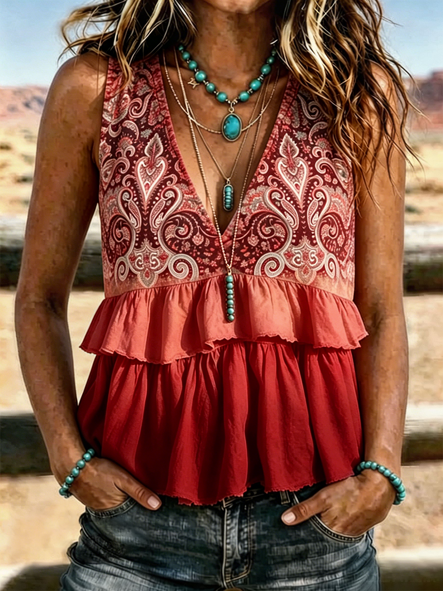 Women'S Western Paisley Gradient Ruffle Tiered V Neck Sleeveless Tank Top