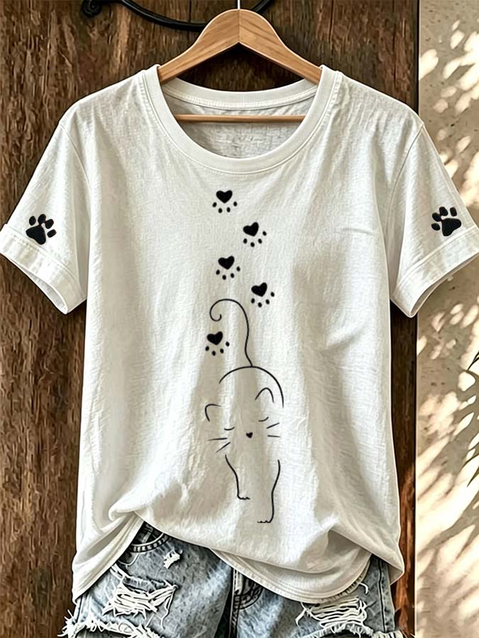 Fun Cat Simple Stroke Cat Paw Print Casual T-Shirt
