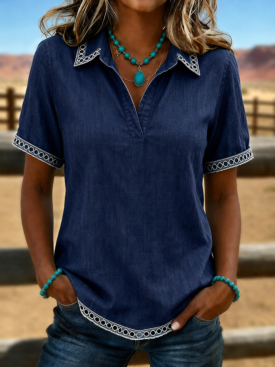Western Turquoise Lace Trim V-Neck Short Sleeve Blouse