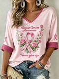 Women'S Cancer Awareness Prevention And Treatment Printed Medium Long Sleeve Tube V-Neck Top