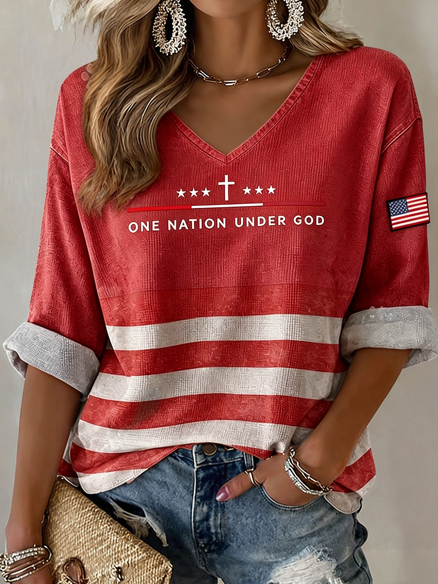 Women's One Nation Under God Cross Star American Flag Striped Roll Cuff V-Neck Loose Blouse