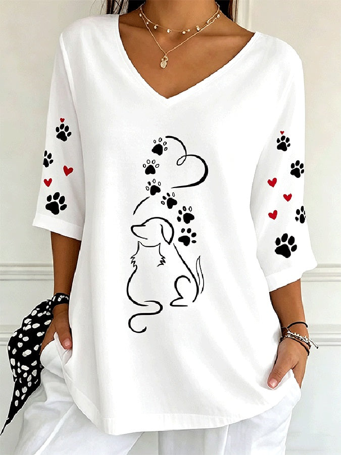 Women's Line Art Dog Paw Heart V Neck 3/4 Sleeve Blouse