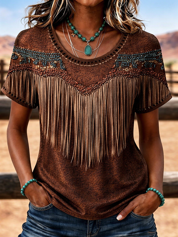 Women's Western-style fringed print top