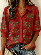 Women's Breast Cancer Awareness Pink Rose Floral Embroidered Button-up Shirt