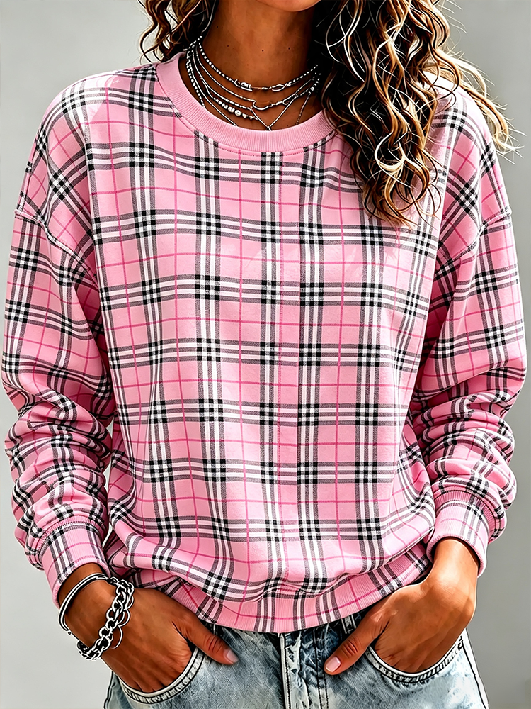 Ladies' casual checkered printed round neck top