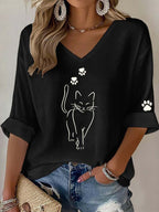 Cute Simple Pen Cat Print V-Neck