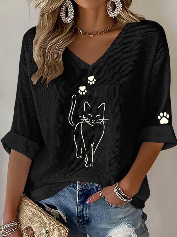 Cute Simple Pen Cat Print V-Neck