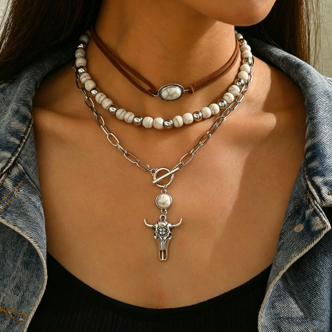 Western Cowboy Style Necklace Set Retro Turquoise Velvet Neck Rope Clavicle Chain