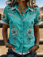 Women's Bohemian Floral Embroidered Lace Trim Western Denim Shirt