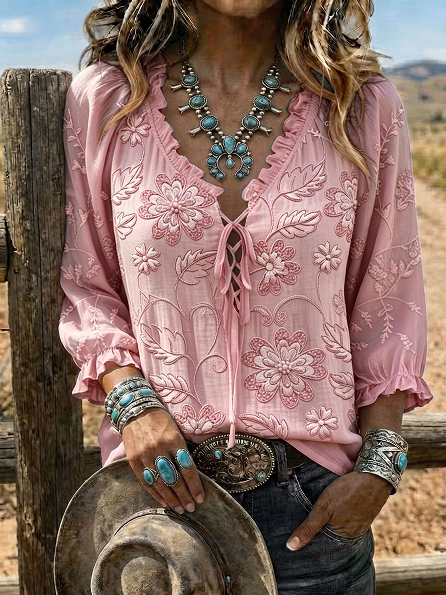 Women's Floral Embroidered Lace-Up Western Blouse