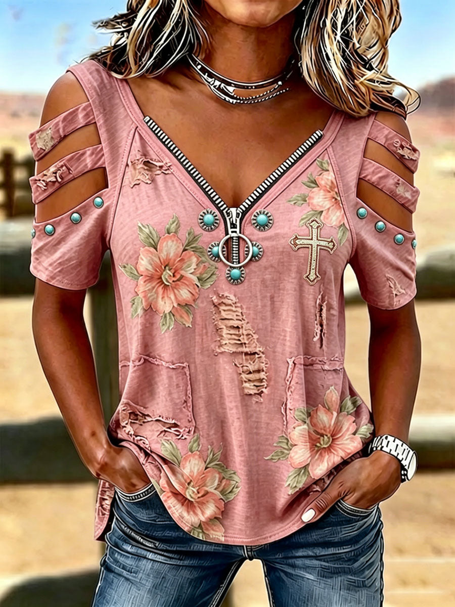 Women's Retro Floral Western Style Faith Cross Pattern Top