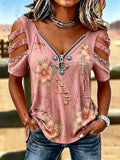 Women's Retro Floral Western Style Faith Cross Pattern Top