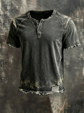 Men'S Casual Washed Cotton Linen Henry Short Sleeved Shirt