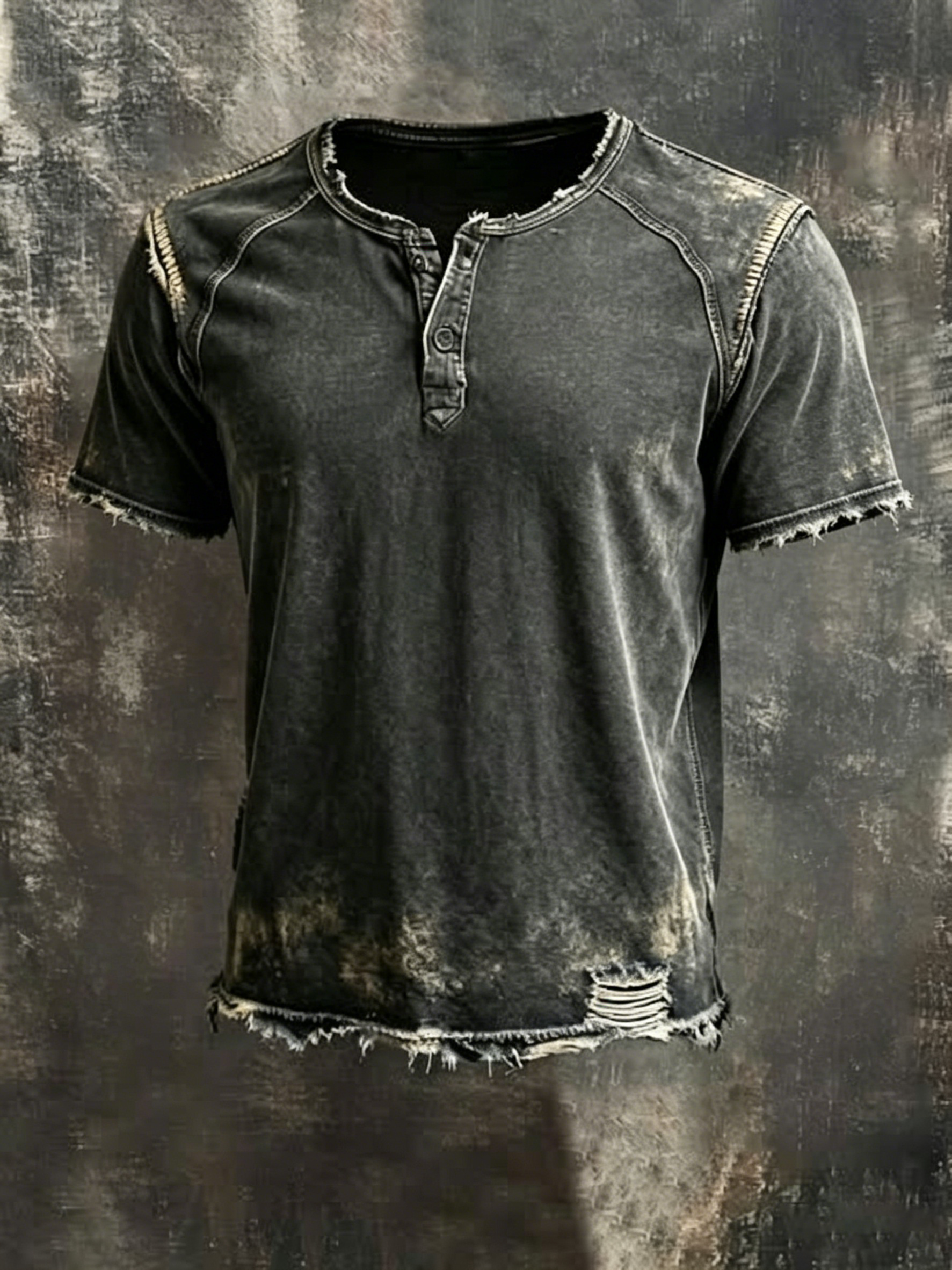 Men'S Casual Washed Cotton Linen Henry Short Sleeved Shirt