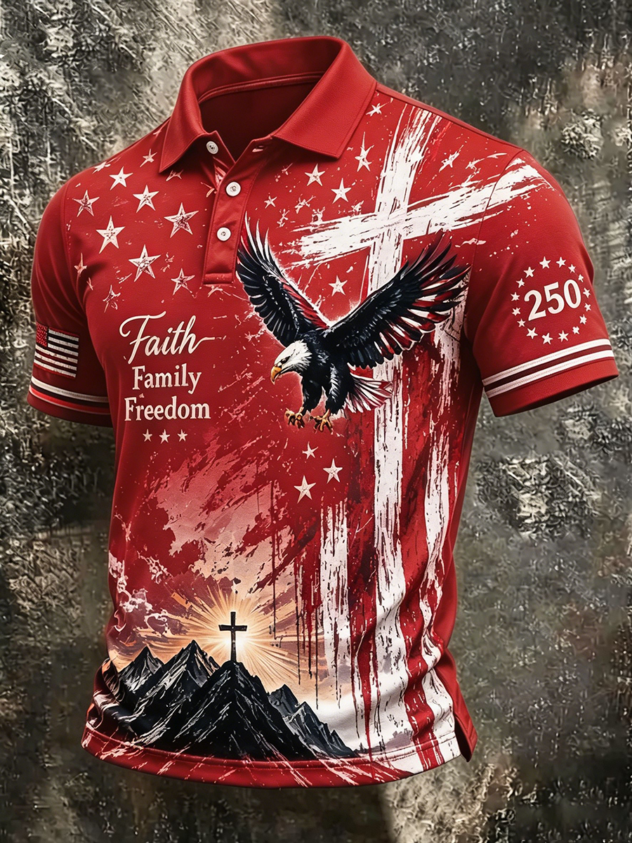 Men's Faith Family Freedom American Flag Eagle Cross Polo Shirt