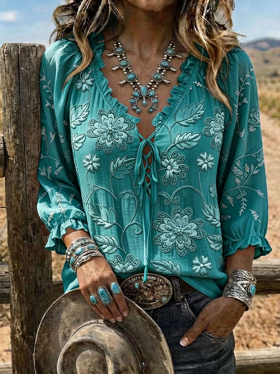 Women's Floral Embroidered Lace-Up Western Blouse