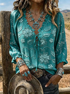 Women's Floral Embroidered Lace-Up Western Blouse
