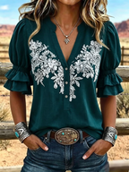 Women's Vintage Art Print Puff Sleeve Casual Shirt