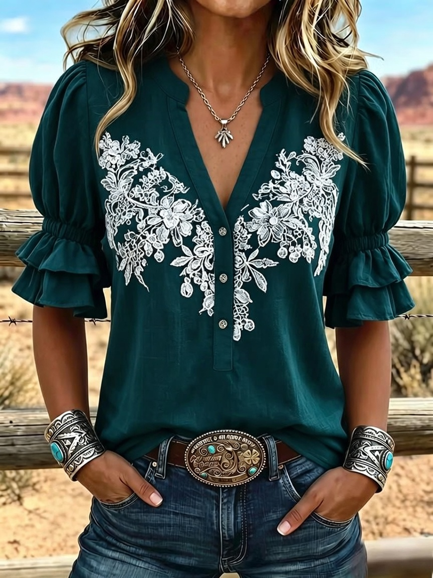 Women's Vintage Art Print Puff Sleeve Casual Shirt