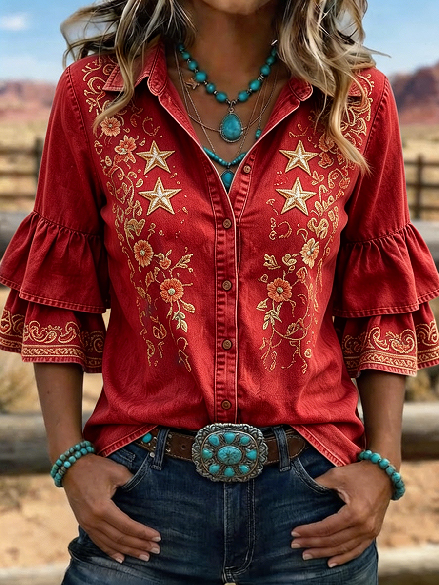 Women's Western Star Floral Embroidered Ruffle Sleeve Shirt