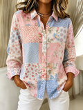 Women's Loose Floral Patchwork Printed Collar Long Sleeved Shirt