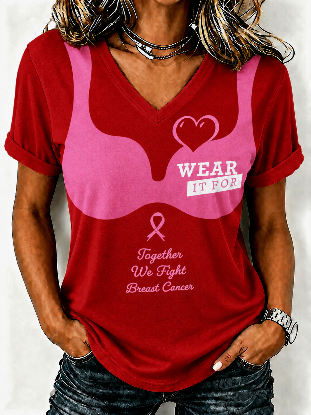 Women'S Breast Cancer Promotional Print Short Sleeved T-Shirt