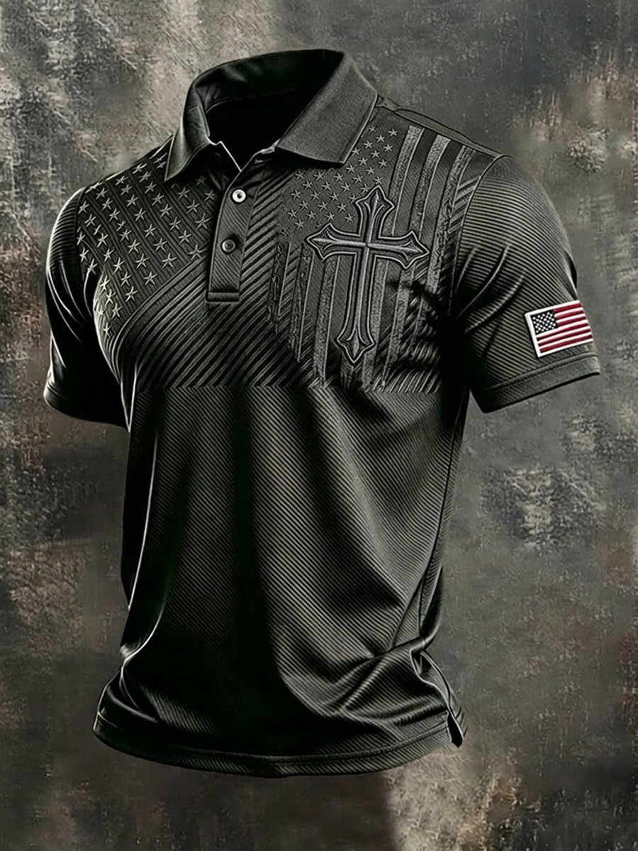 Men's Business American Flag Print Cross Art Polo Shirt