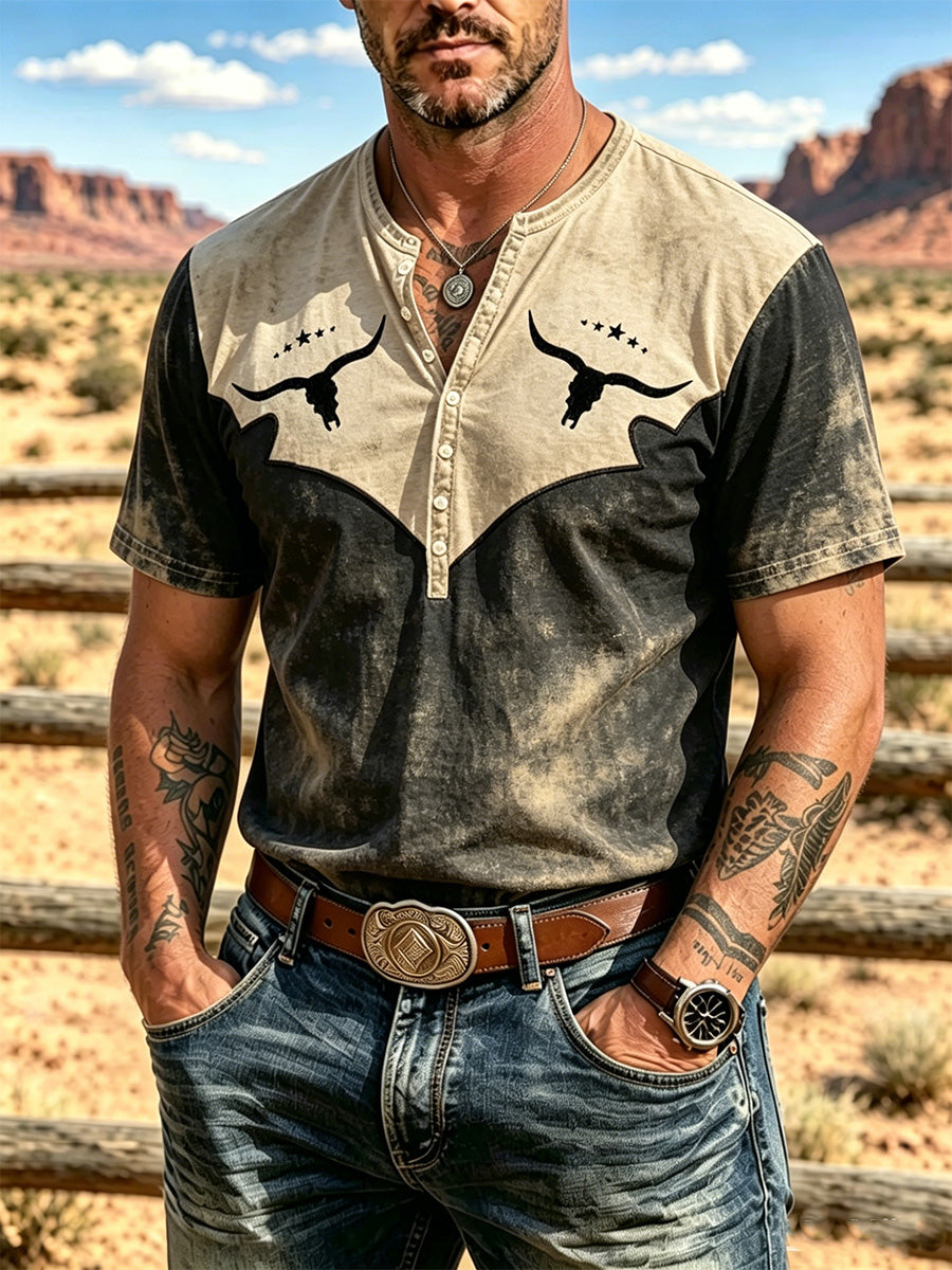 Men'S Western Retro Embroidered Short Sleeved Shirt