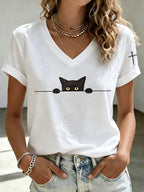 Women'S Cat Printed V-Neck T-Shirt