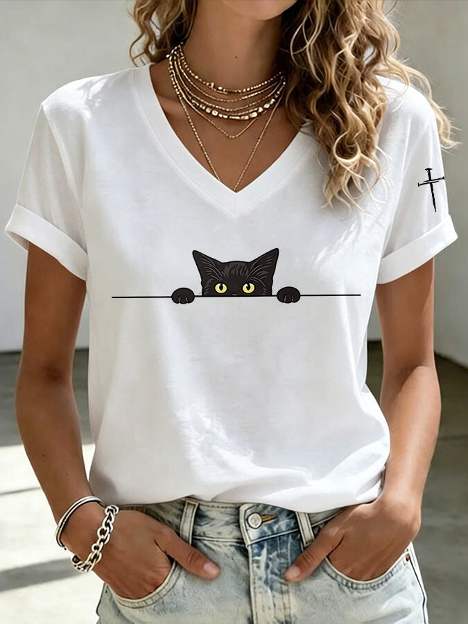 Women'S Cat Printed V-Neck T-Shirt