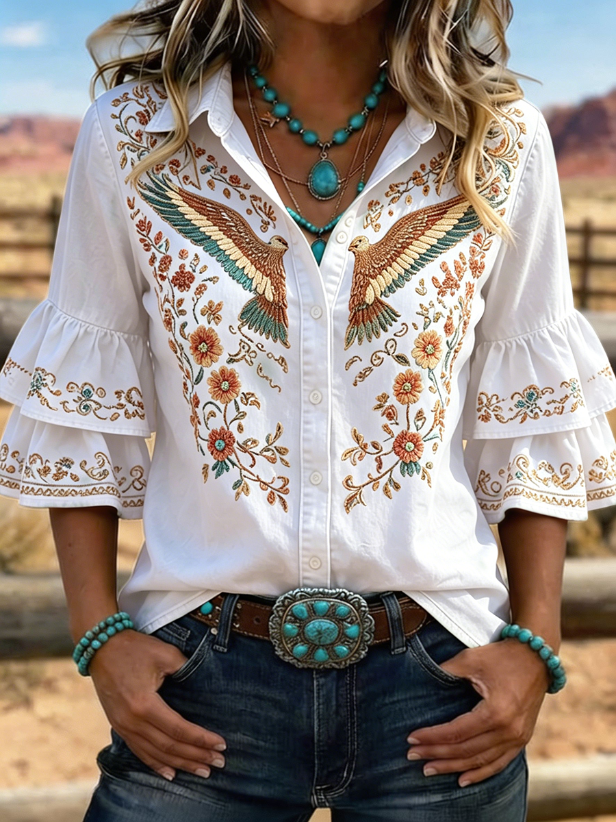 Women's Western Eagle Floral Embroidered Ruffle Sleeve Blouse