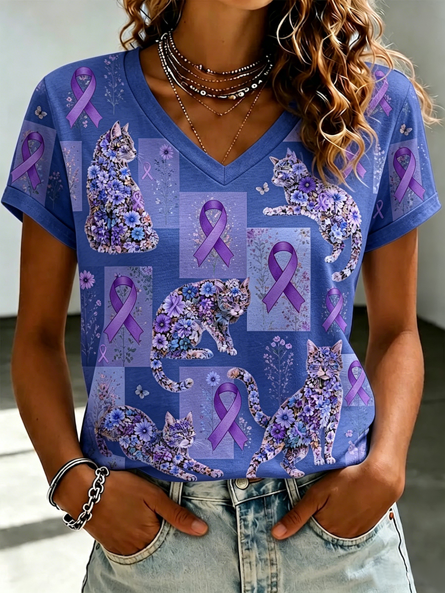 Women'S Casual Floral Cat Printed T-Shirt