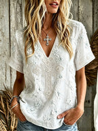 Women's Vintage Cotton-Linen Top with Cross and Floral Pattern