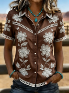 Women's Light Wash Floral Embroidered Lace Trim Western Denim Blouse