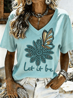 Women's Teal Butterfly 'Let It Be' V-Neck T-Shirt