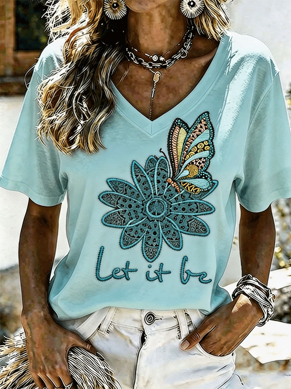 Women's Teal Butterfly 'Let It Be' V-Neck T-Shirt