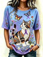 Women'S Casual Floral Cat Printed T-Shirt