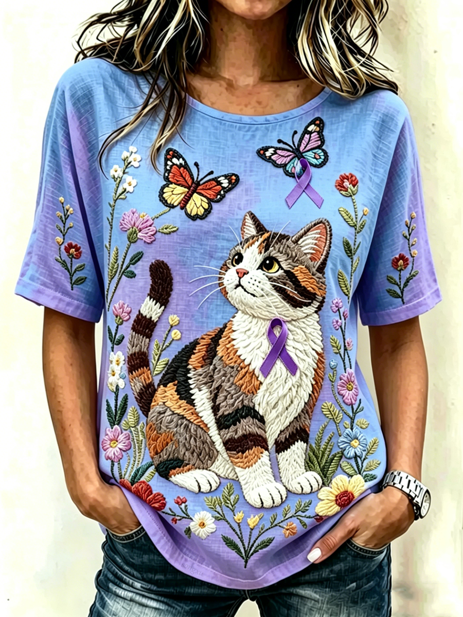 Women'S Casual Floral Cat Printed T-Shirt