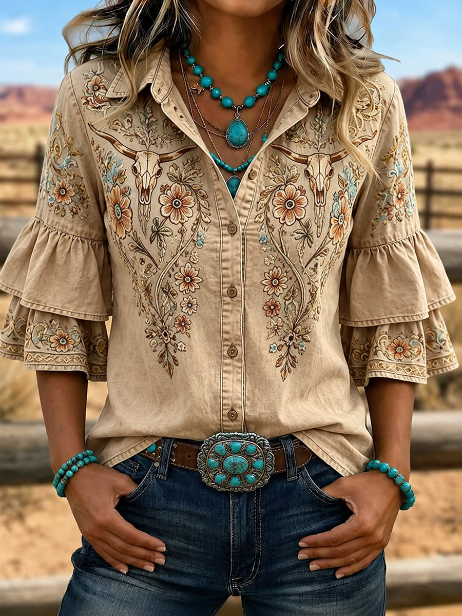 Women's Western Bull Skull Embroidered Ruffle Sleeve Shirt