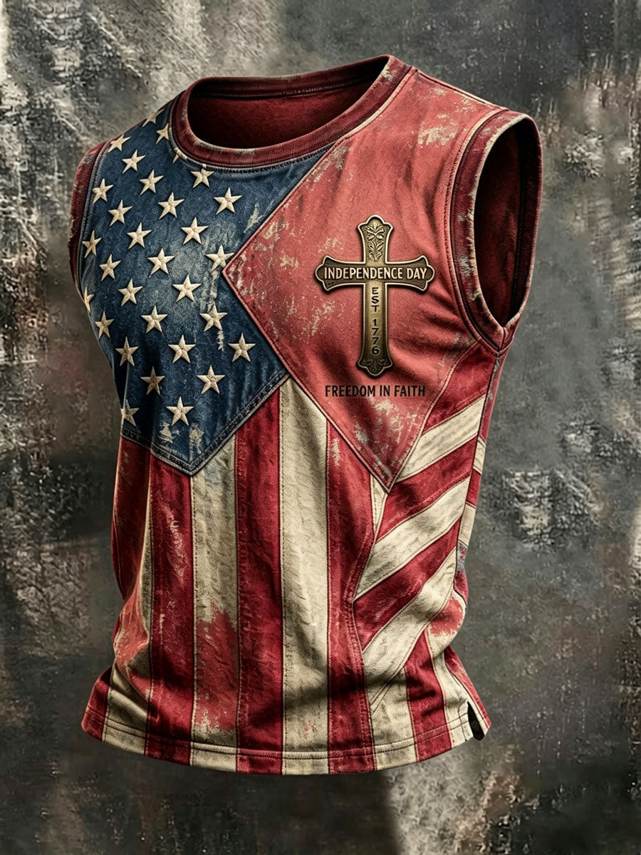 Men'S Retro Independence Day Faith Patriot Crew Neck Tank Top