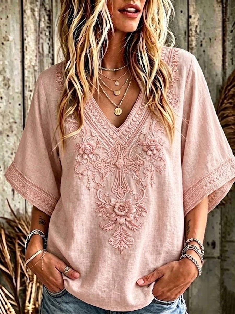 Women'S Cotton And Linen Floral Faith Casual Top