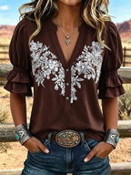 Women's Vintage Art Print Puff Sleeve Casual Shirt
