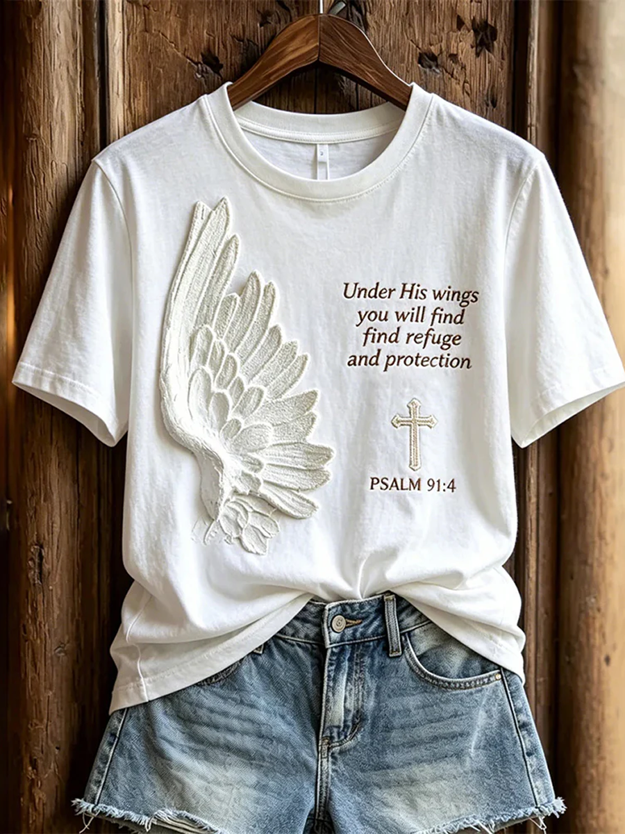 Women's Faith Unilateral Wings Cross Psalm Letter Print Casual Short Sleeve Tee