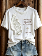 Women's Faith Unilateral Wings Cross Psalm Letter Print Casual Short Sleeve Tee