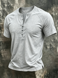 Men'S Casual 7-Button Henry Collar Cotton Linen Short Sleeved Shirt