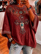 Ladies' Retro Western Style Cross Faith Loose Top