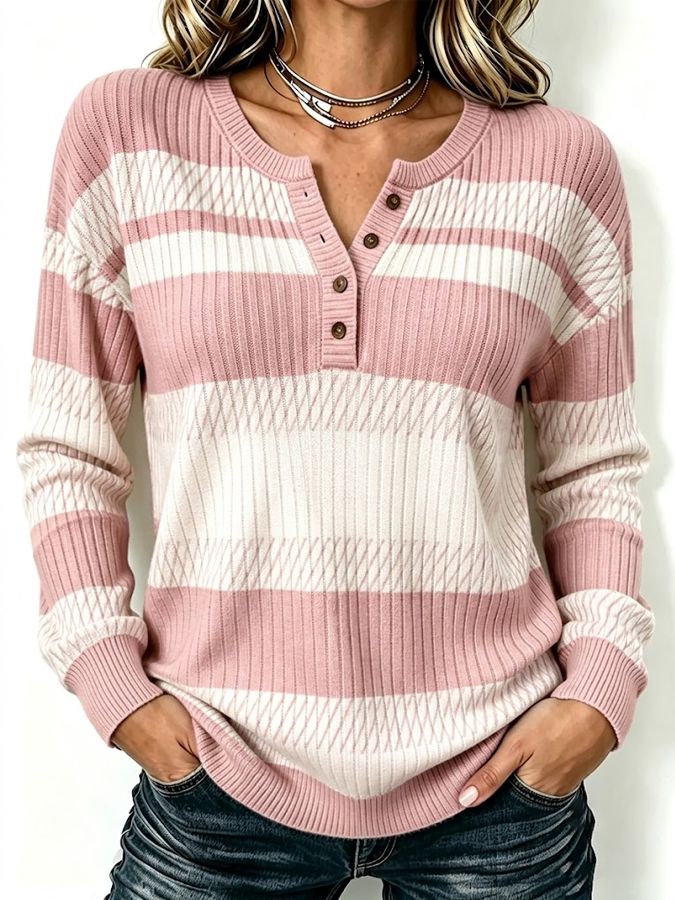 Women's Striped Henley Button Knitted Top