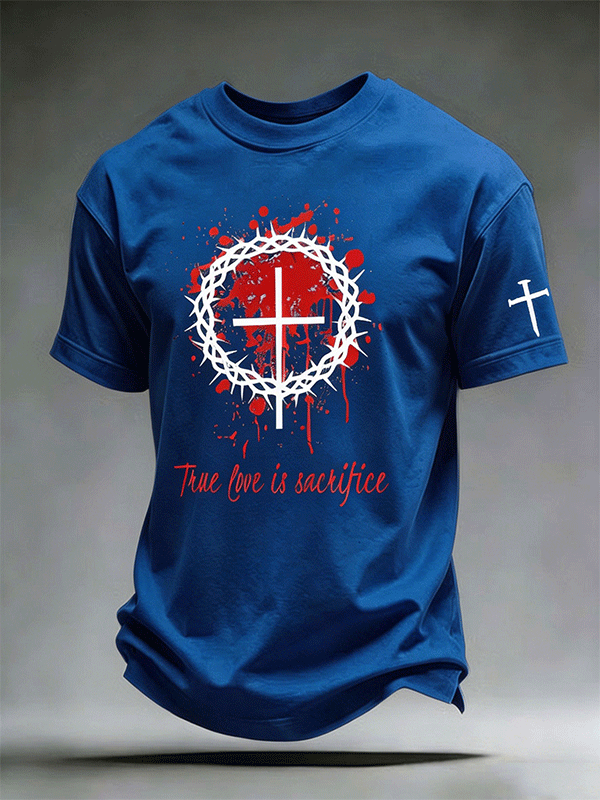 Men's True Love Is Sacrifice Crown Of Thorns Cross Blood Splatter Print Sleeve Cross Detail Crew Neck Short Sleeve T-Shirt