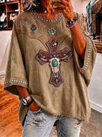 Ladies' Retro Western Style Cross Faith Loose Top