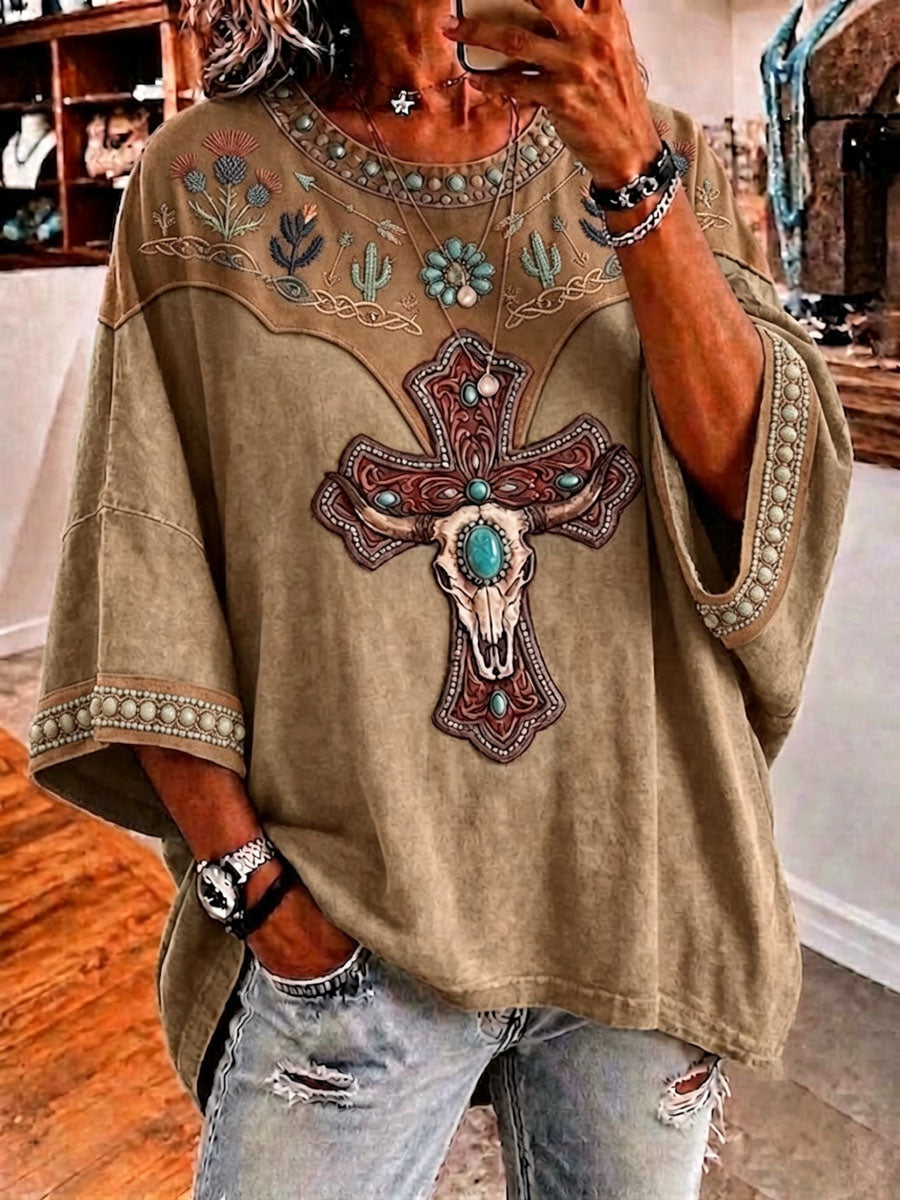 Ladies' Retro Western Style Cross Faith Loose Top